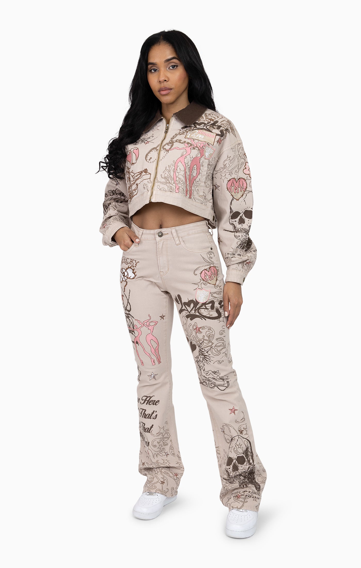 Embroidered Printed Twill Pants - Doe Skin