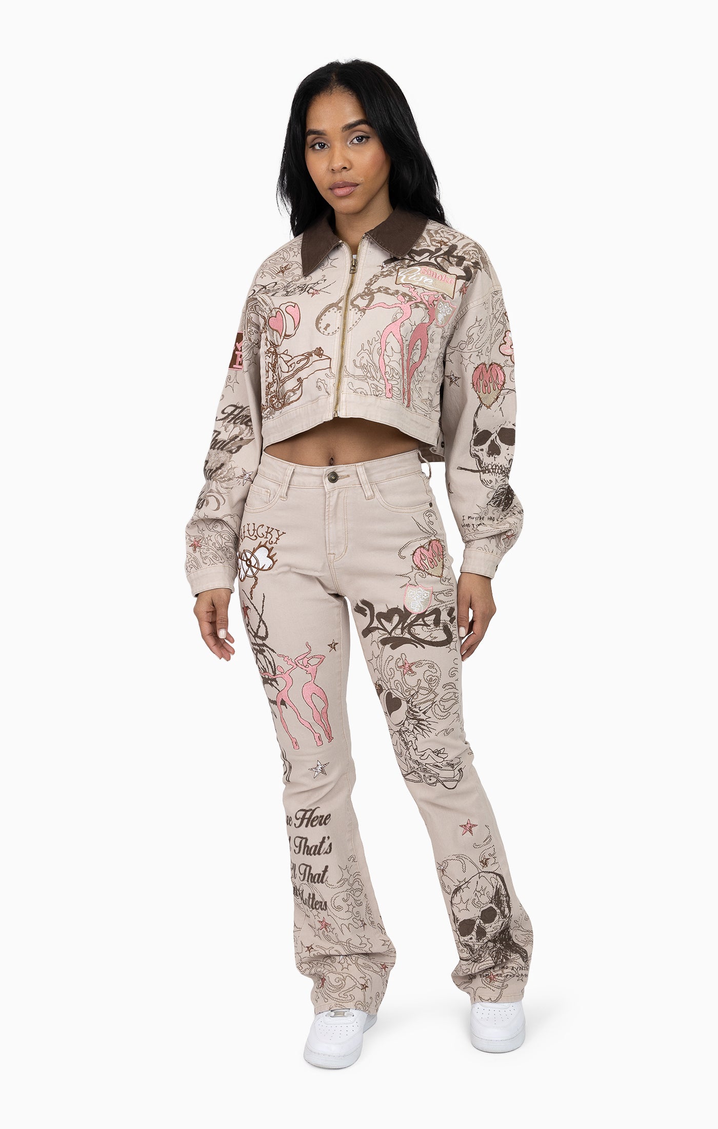 Embroidered Printed Twill Pants - Doe Skin