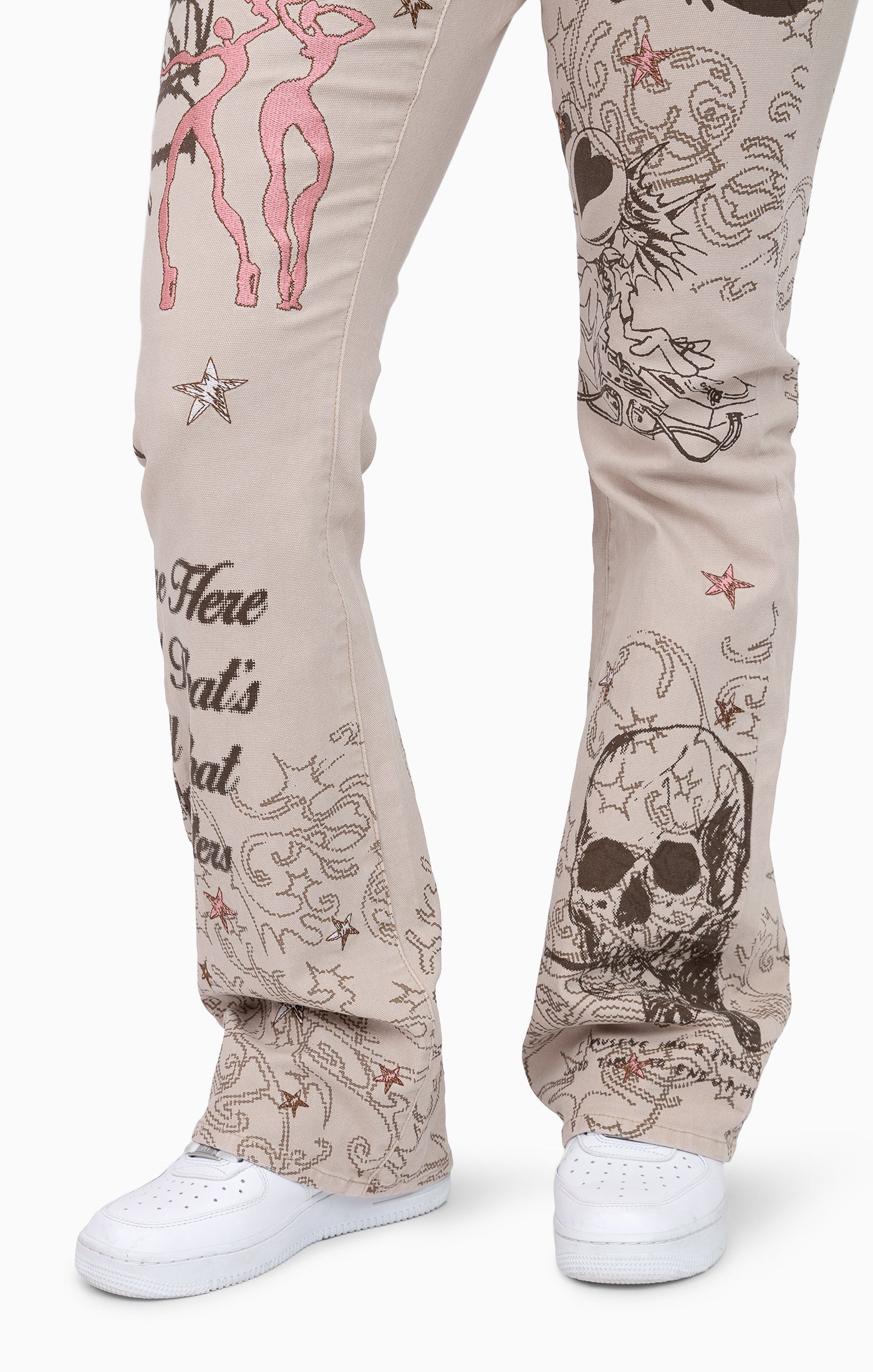 Embroidered Printed Twill Pants - Doe Skin