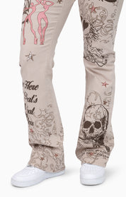 Embroidered Printed Twill Pants - Doe Skin