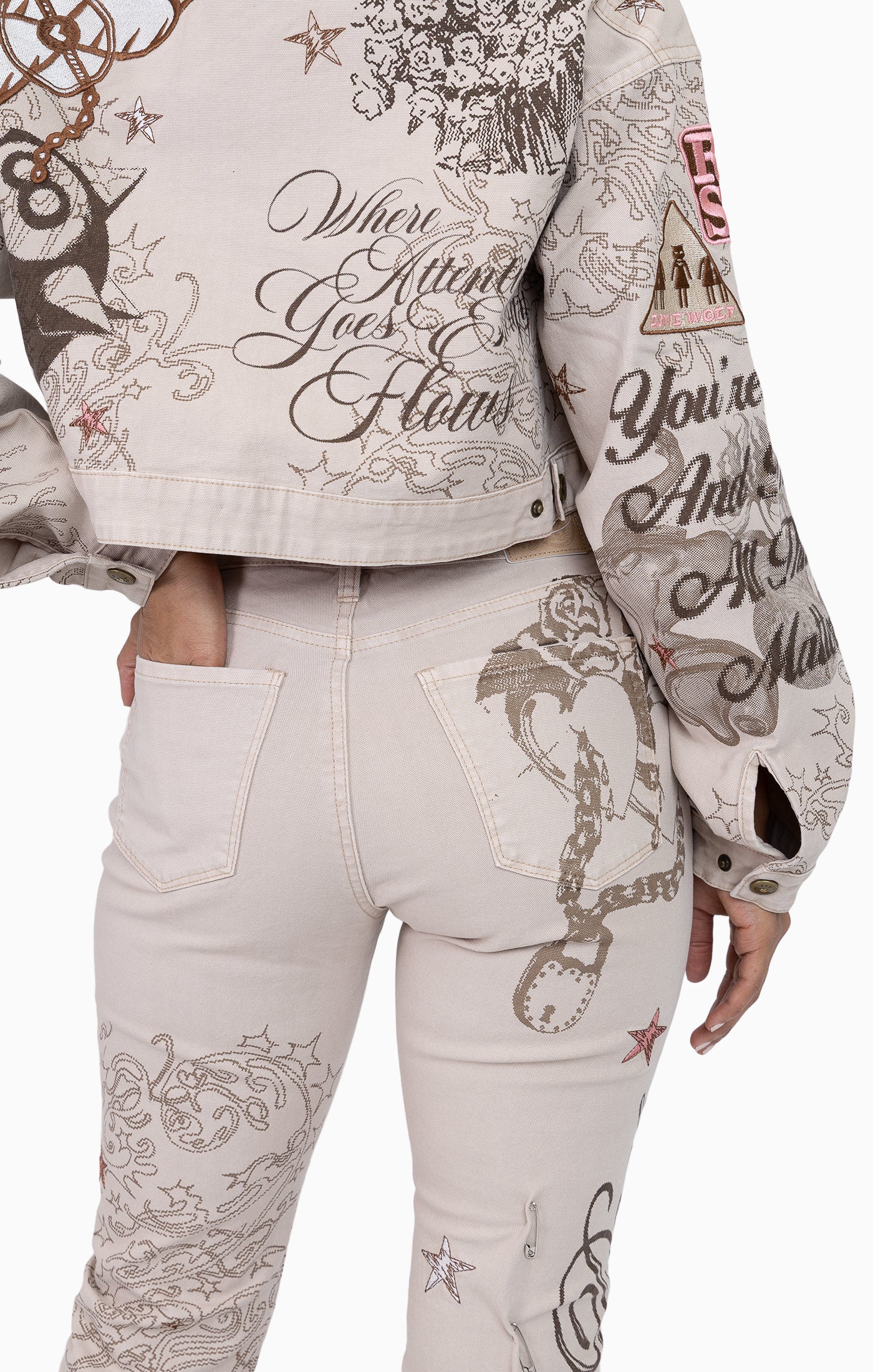 Embroidered Printed Twill Pants - Doe Skin