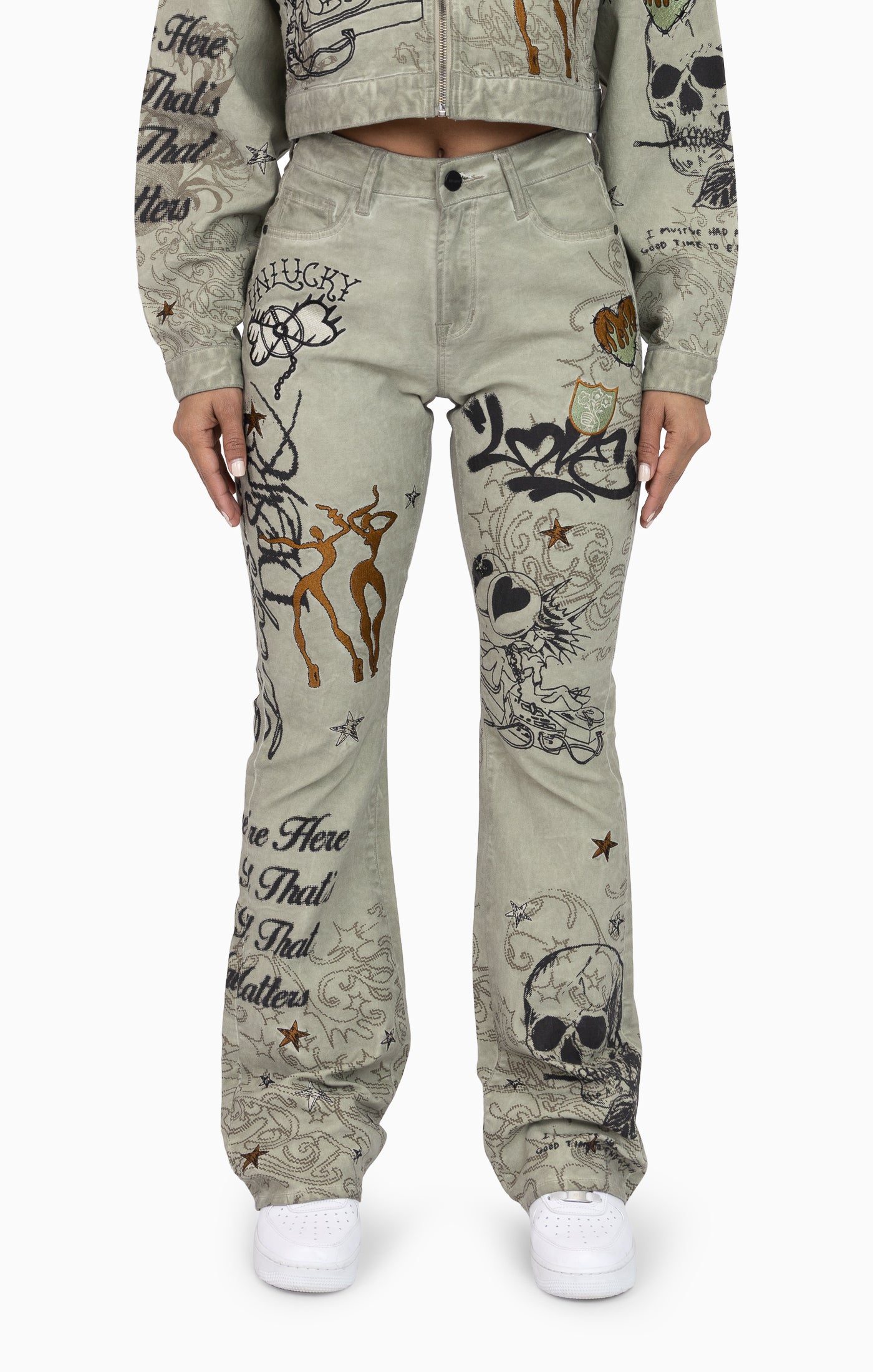 Embroidered Printed Twill Pants - Tea Green