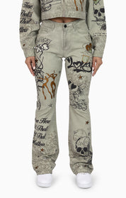 Embroidered Printed Twill Pants - Tea Green