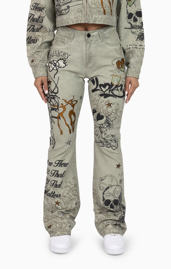 Embroidered Printed Twill Pants - Tea Green