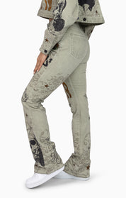 Embroidered Printed Twill Pants - Tea Green