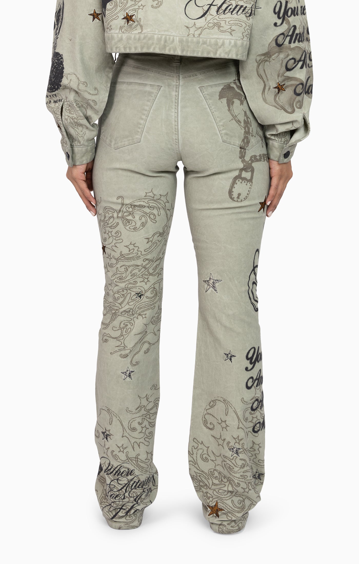 Embroidered Printed Twill Pants - Tea Green