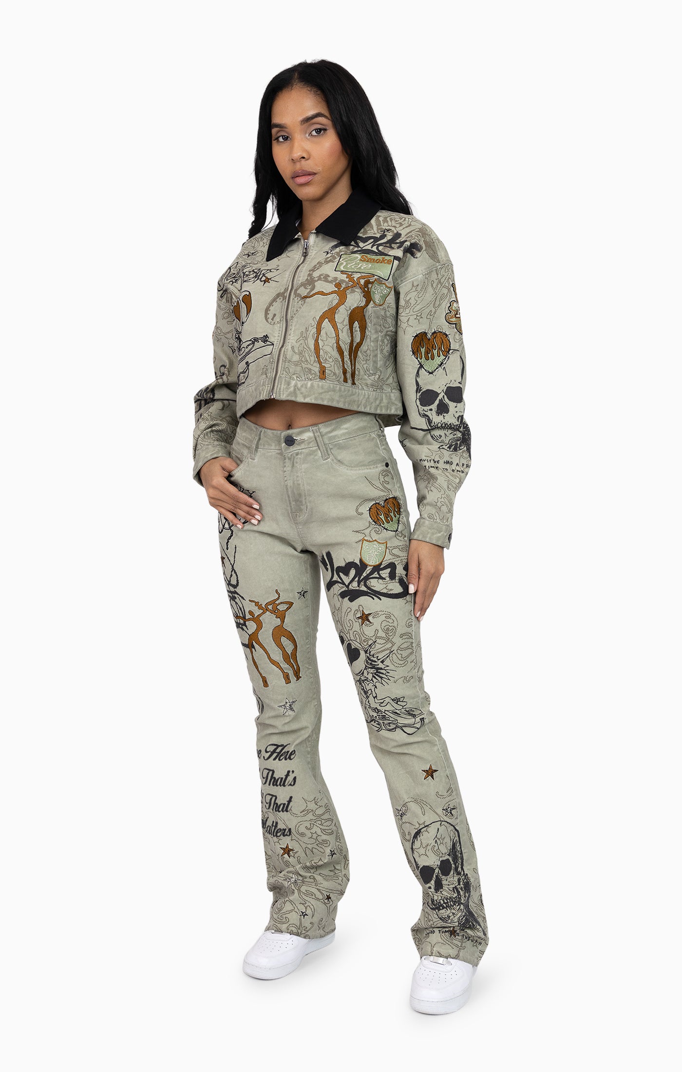 Embroidered Printed Twill Pants - Tea Green