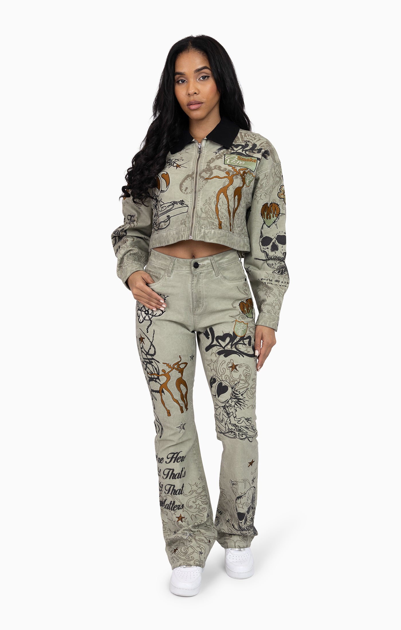 Embroidered Printed Twill Pants - Tea Green