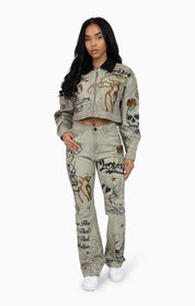 Embroidered Printed Twill Pants - Tea Green