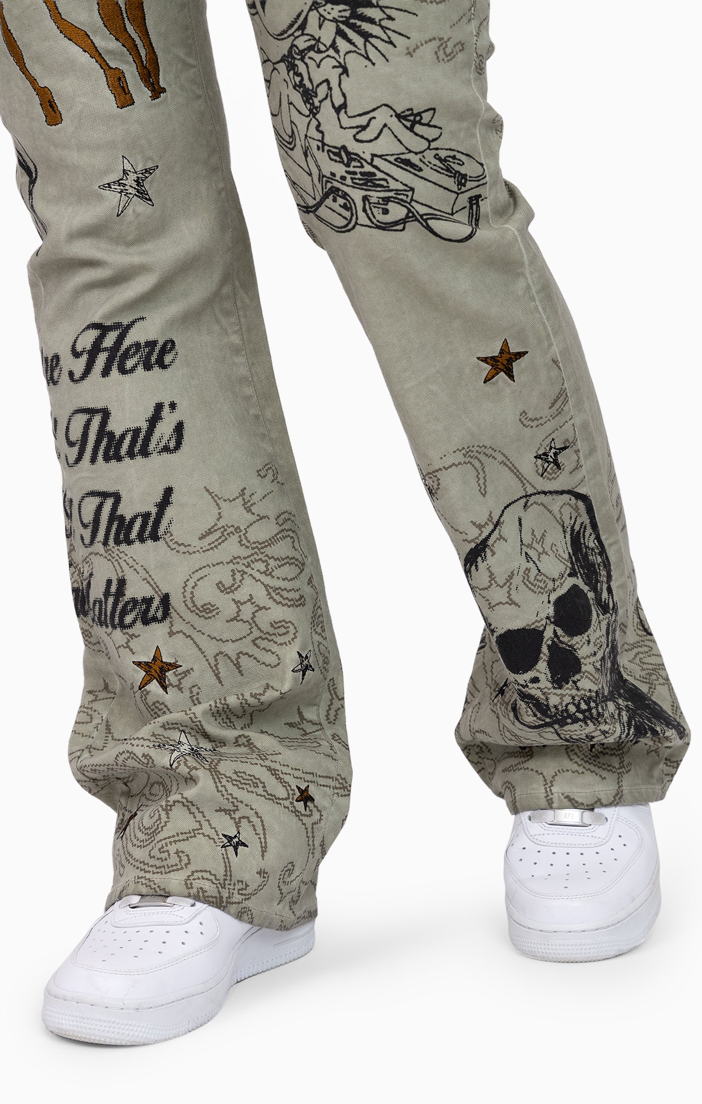 Embroidered Printed Twill Pants - Tea Green