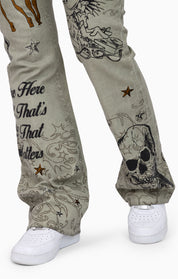 Embroidered Printed Twill Pants - Tea Green