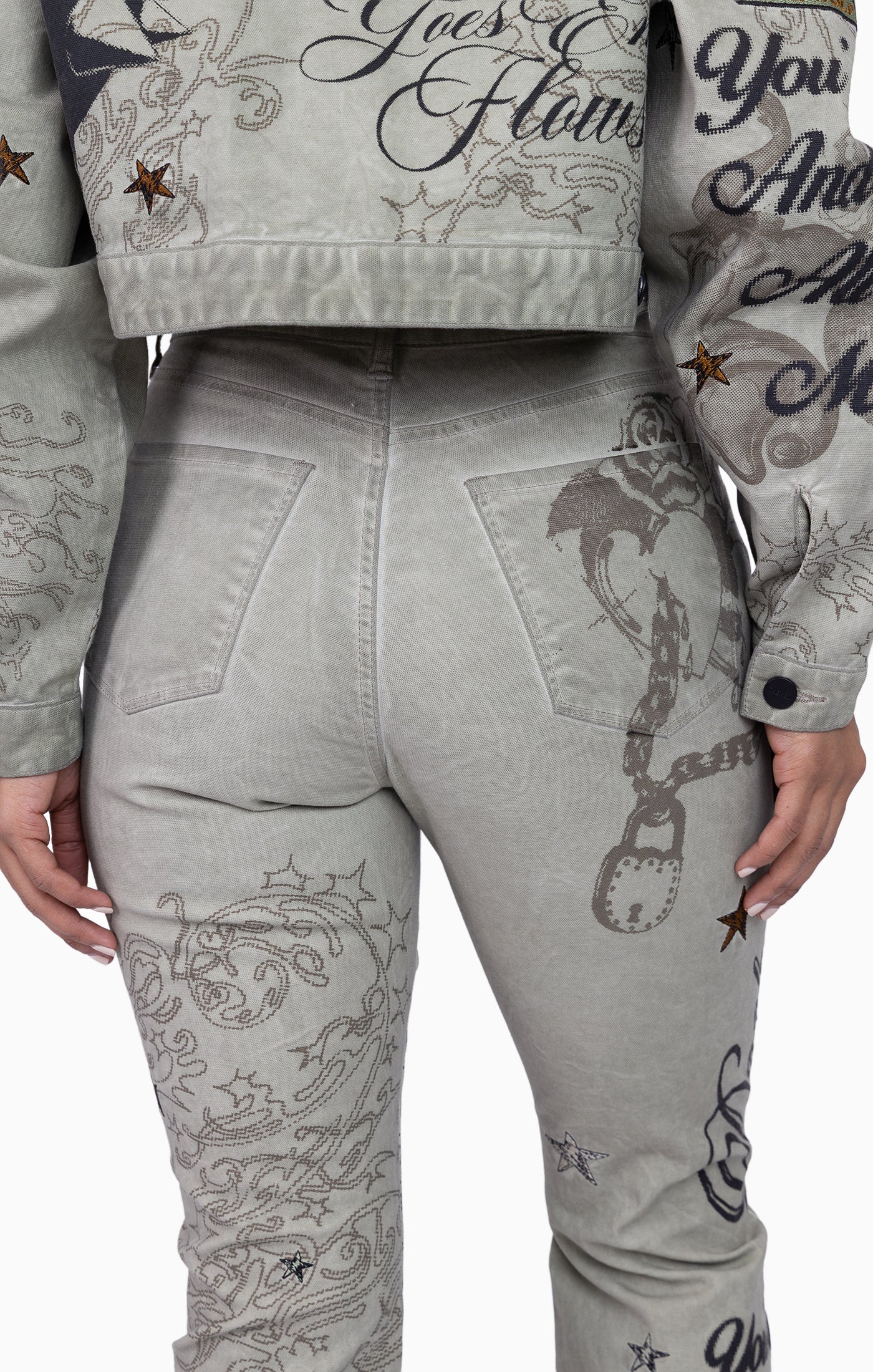 Embroidered Printed Twill Pants - Tea Green