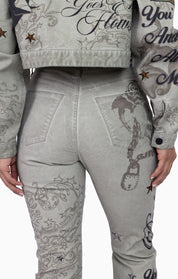 Embroidered Printed Twill Pants - Tea Green
