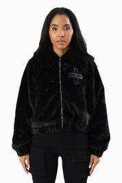 Faux Fur Rhinestone Jacket - Black