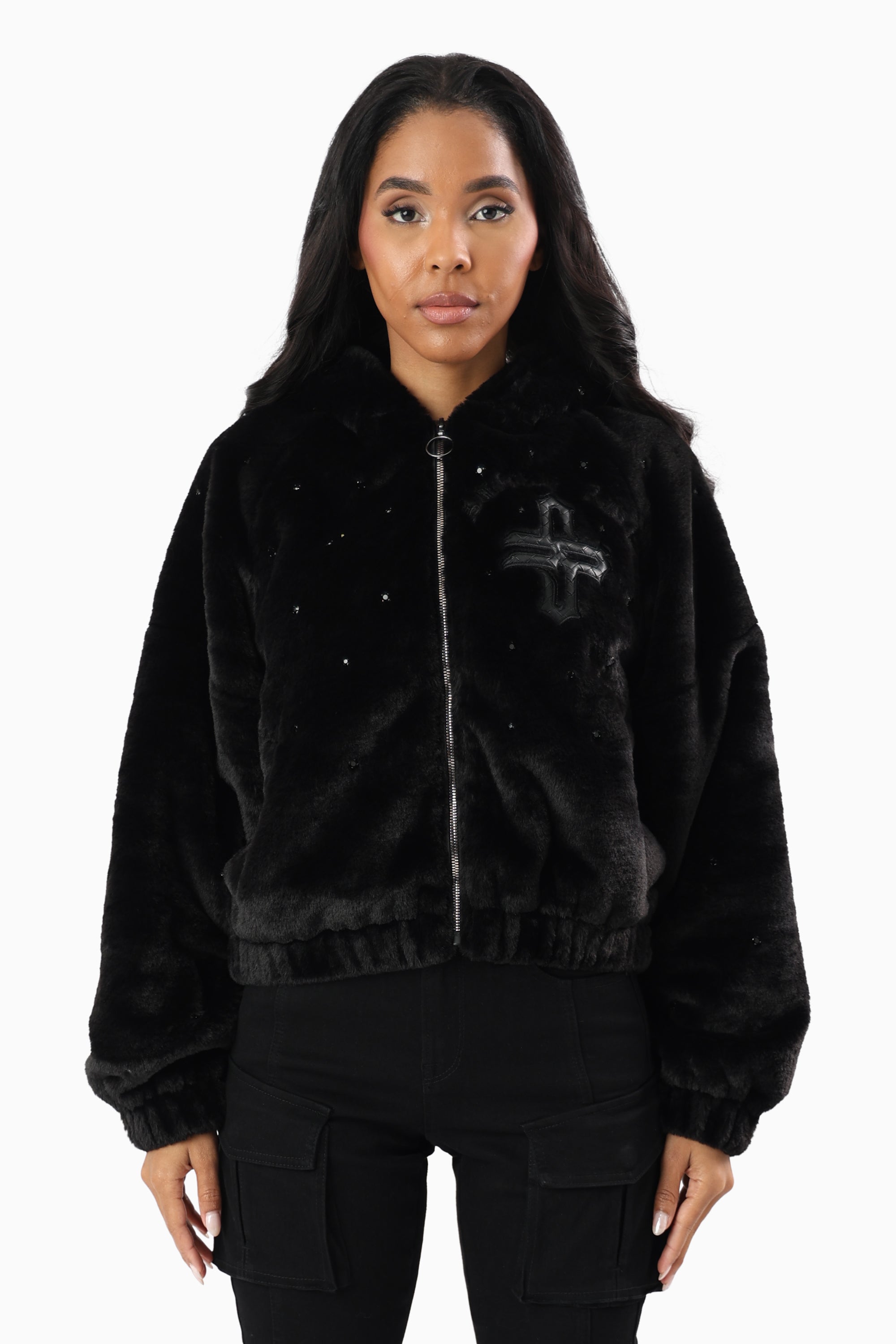 Faux Fur Rhinestone Jacket - Black