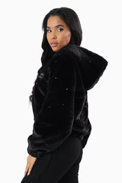 Faux Fur Rhinestone Jacket - Black
