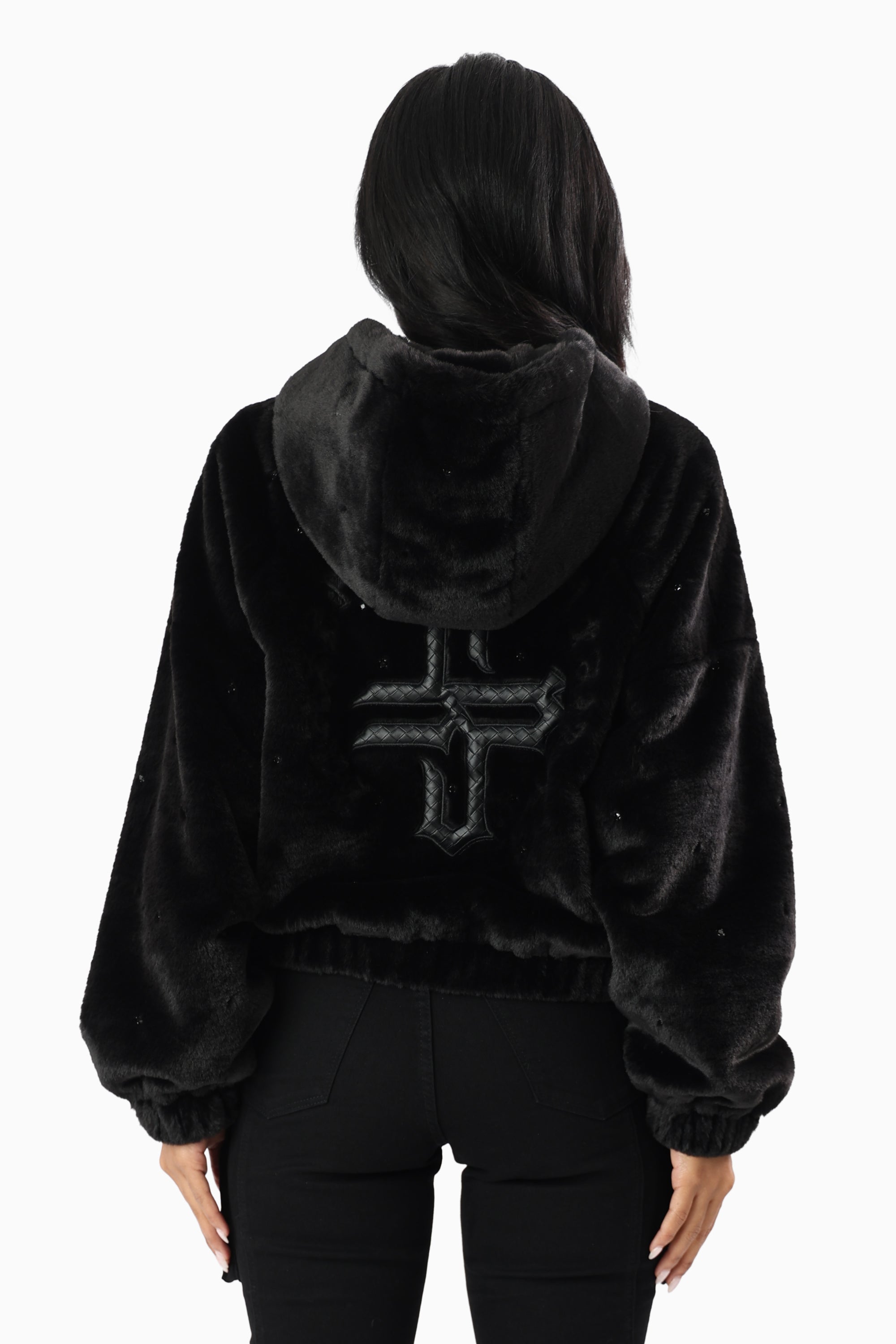 Faux Fur Rhinestone Jacket - Black