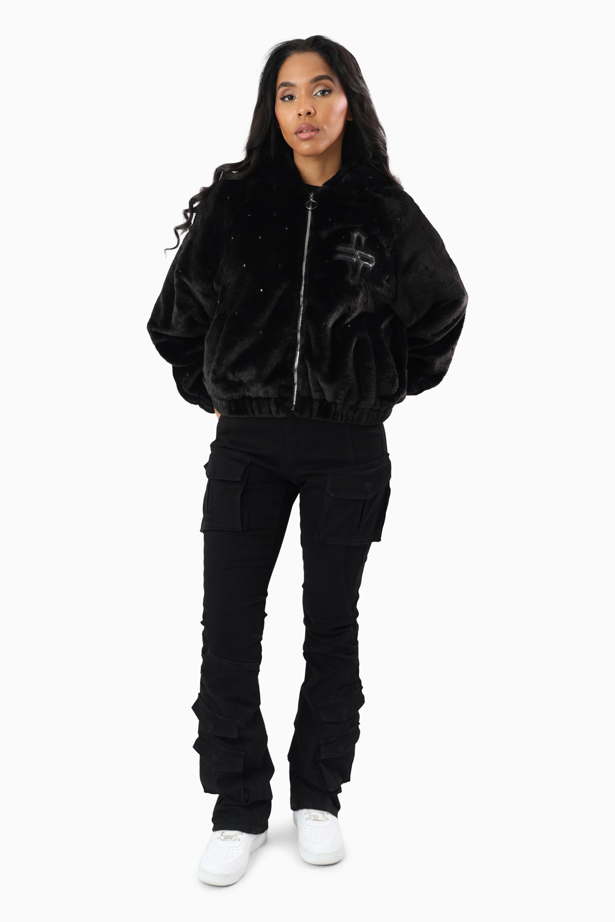 Faux Fur Rhinestone Jacket - Black