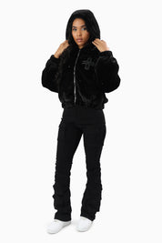 Faux Fur Rhinestone Jacket - Black