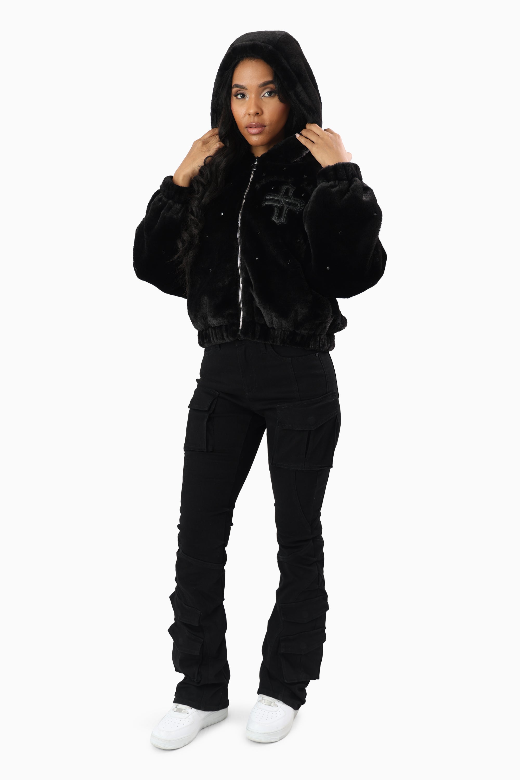 Faux Fur Rhinestone Jacket - Black