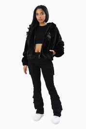 Faux Fur Rhinestone Jacket - Black