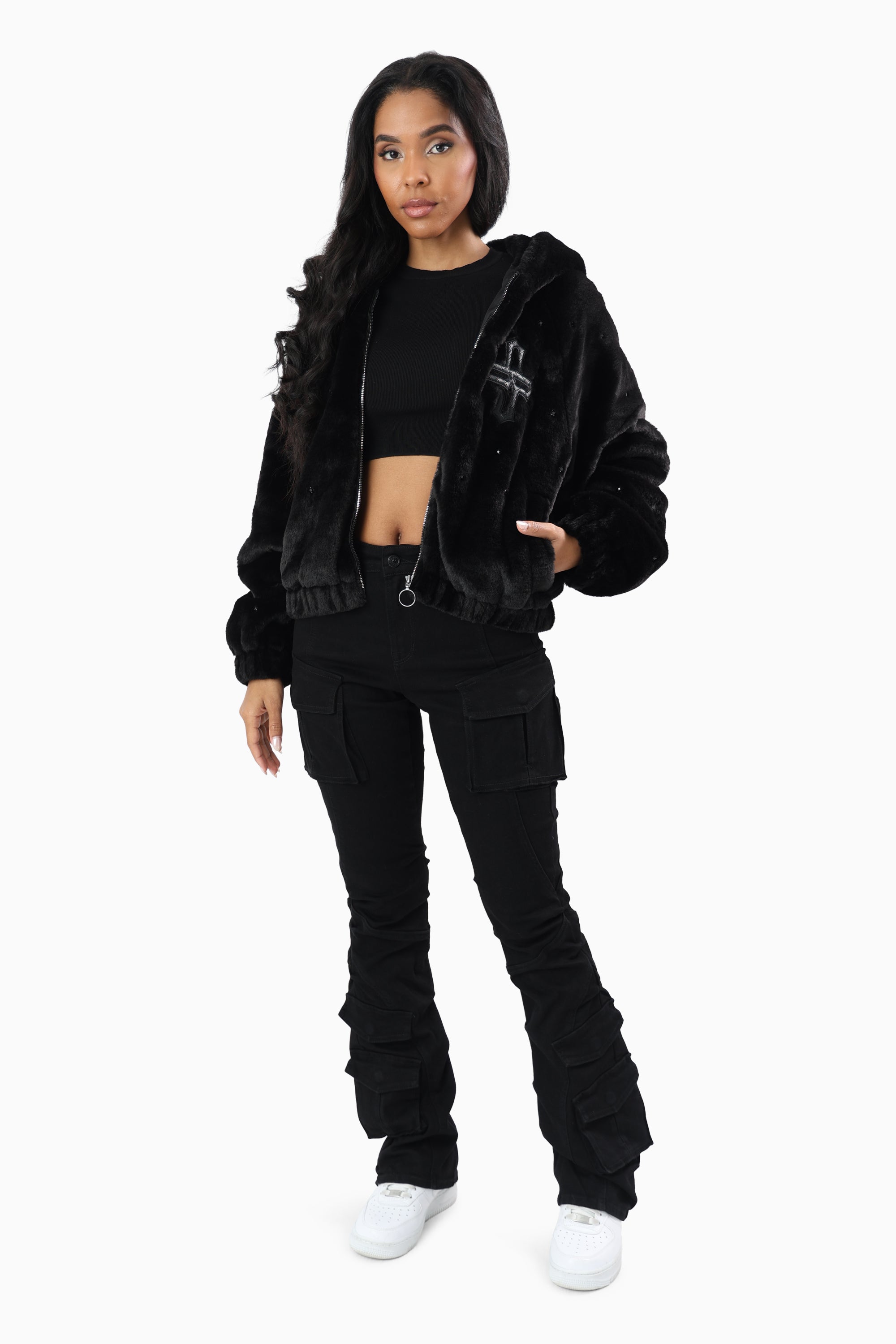 Faux Fur Rhinestone Jacket - Black