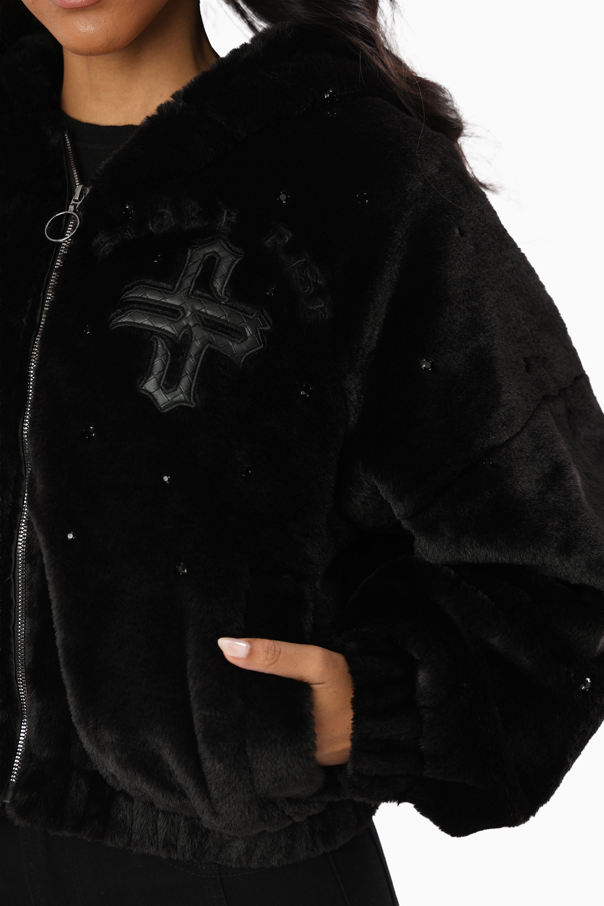 Faux Fur Rhinestone Jacket - Black
