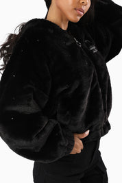 Faux Fur Rhinestone Jacket - Black