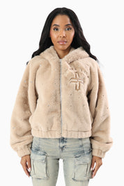 Faux Fur Rhinestone Jacket - Sand Mist