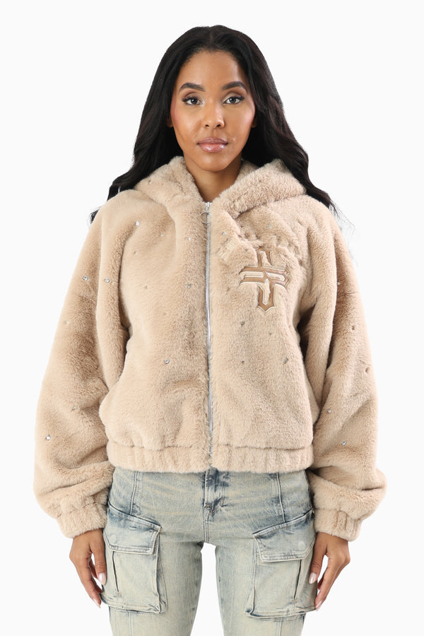Faux Fur Rhinestone Jacket - Sand Mist