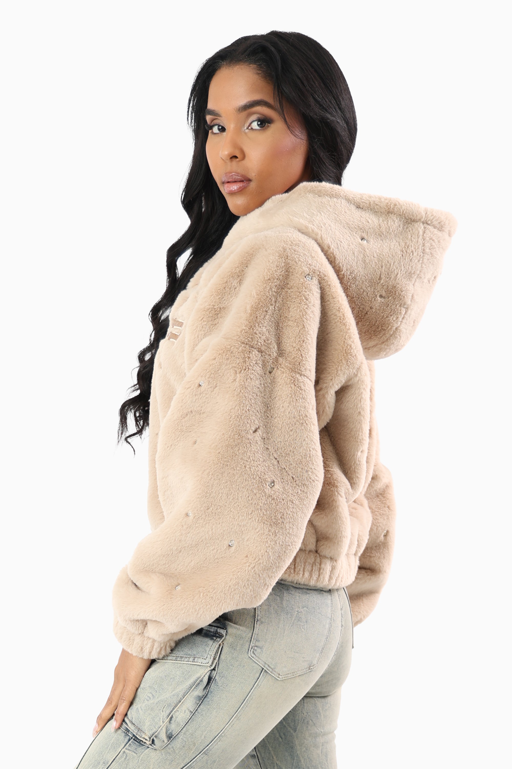Faux Fur Rhinestone Jacket - Sand Mist