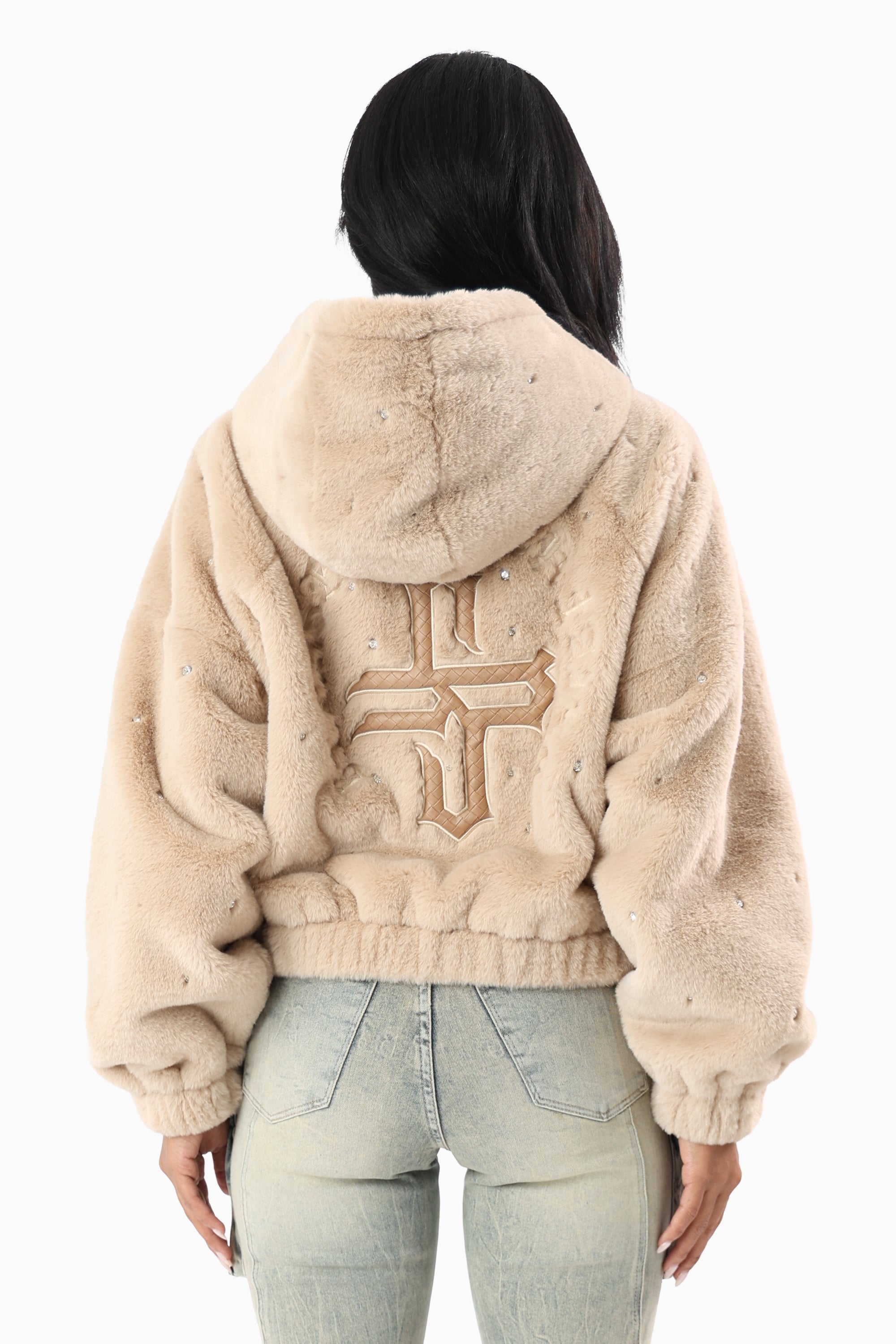 Faux Fur Rhinestone Jacket - Sand Mist