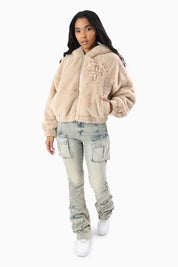 Faux Fur Rhinestone Jacket - Sand Mist
