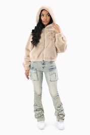 Faux Fur Rhinestone Jacket - Sand Mist