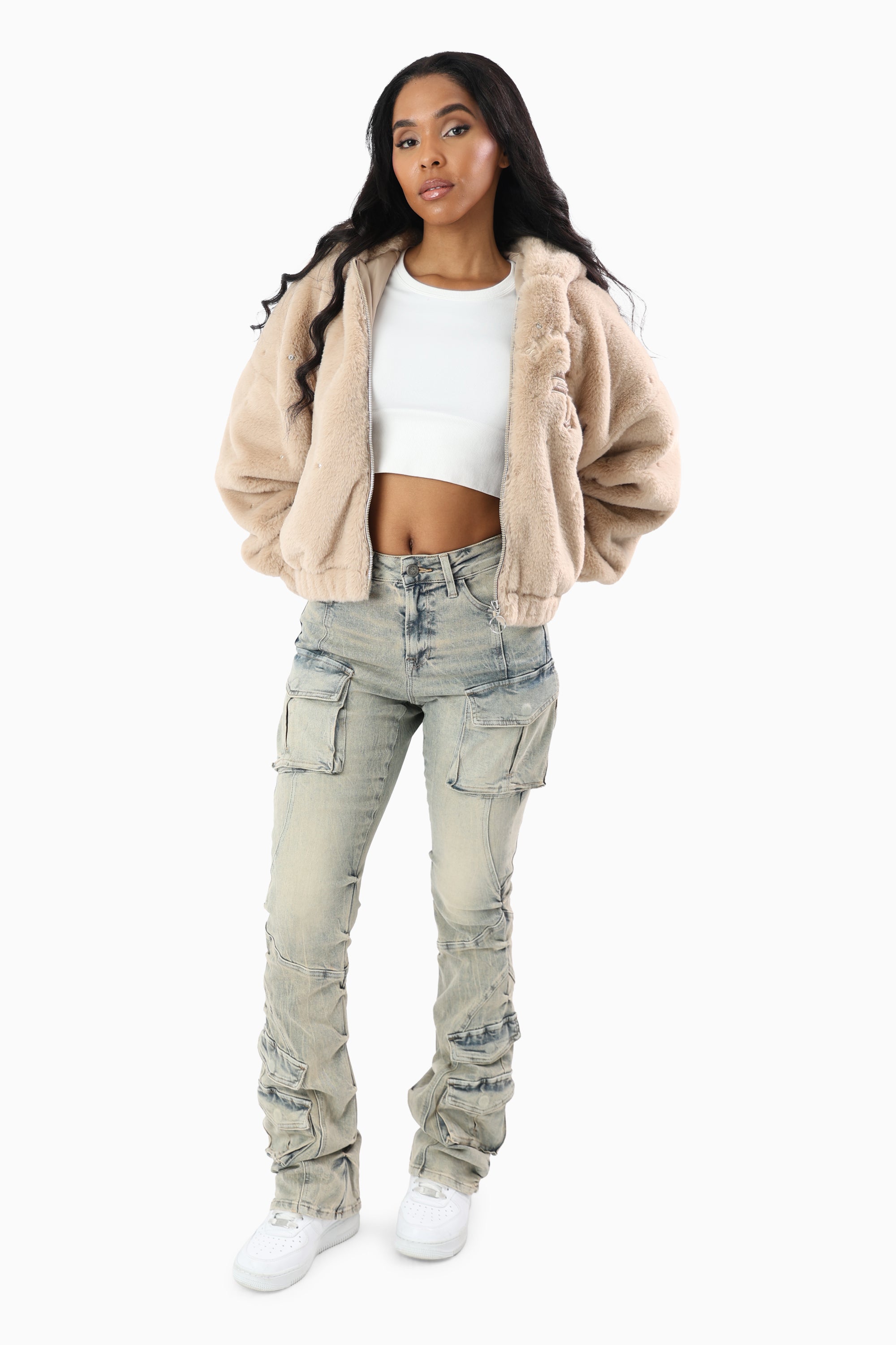 Faux Fur Rhinestone Jacket - Sand Mist