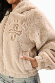 Faux Fur Rhinestone Jacket - Sand Mist