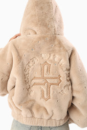 Faux Fur Rhinestone Jacket - Sand Mist