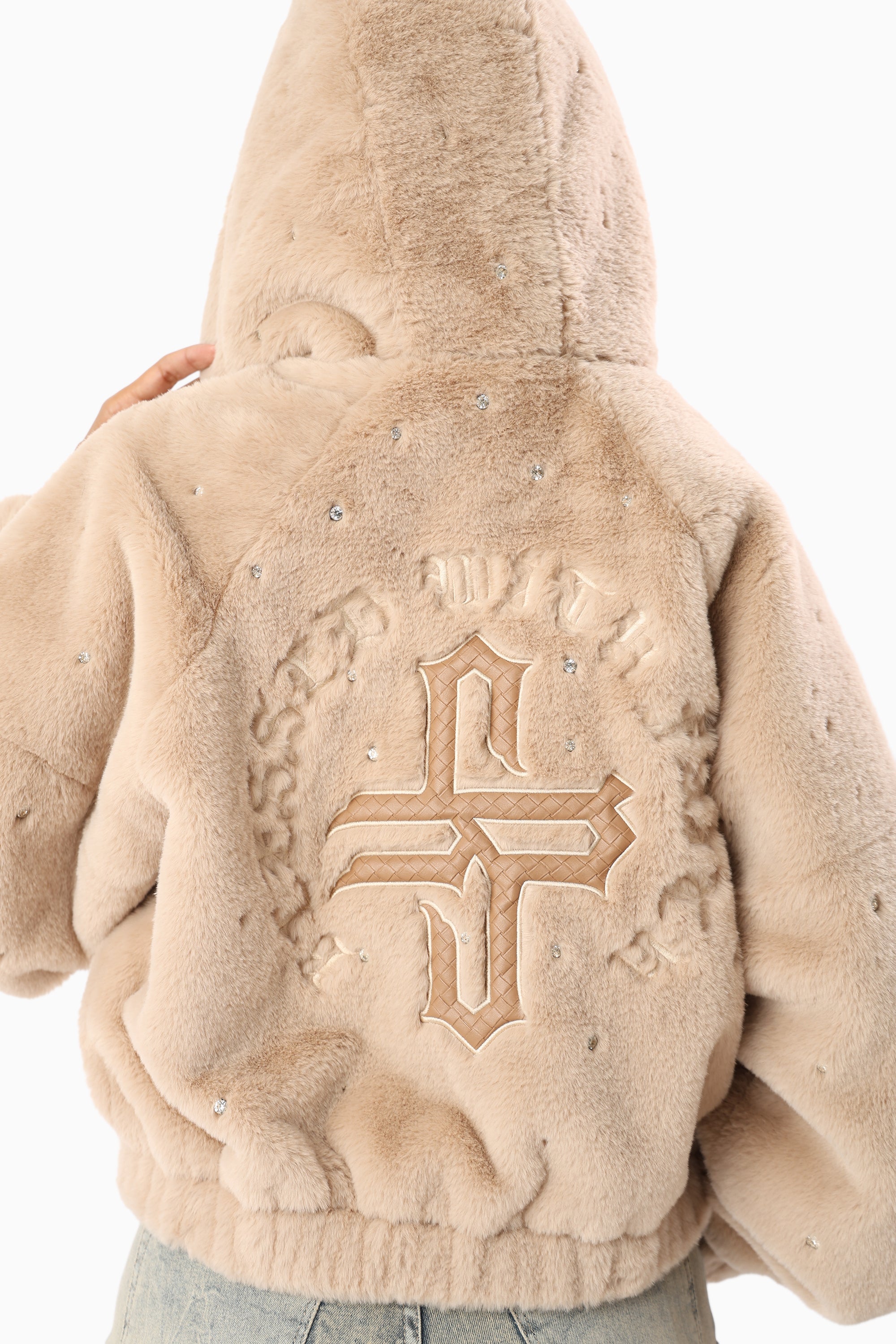 Faux Fur Rhinestone Jacket - Sand Mist