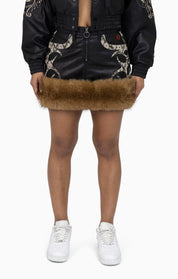 Faux Fur Rhinestone Mini Skirt - Black