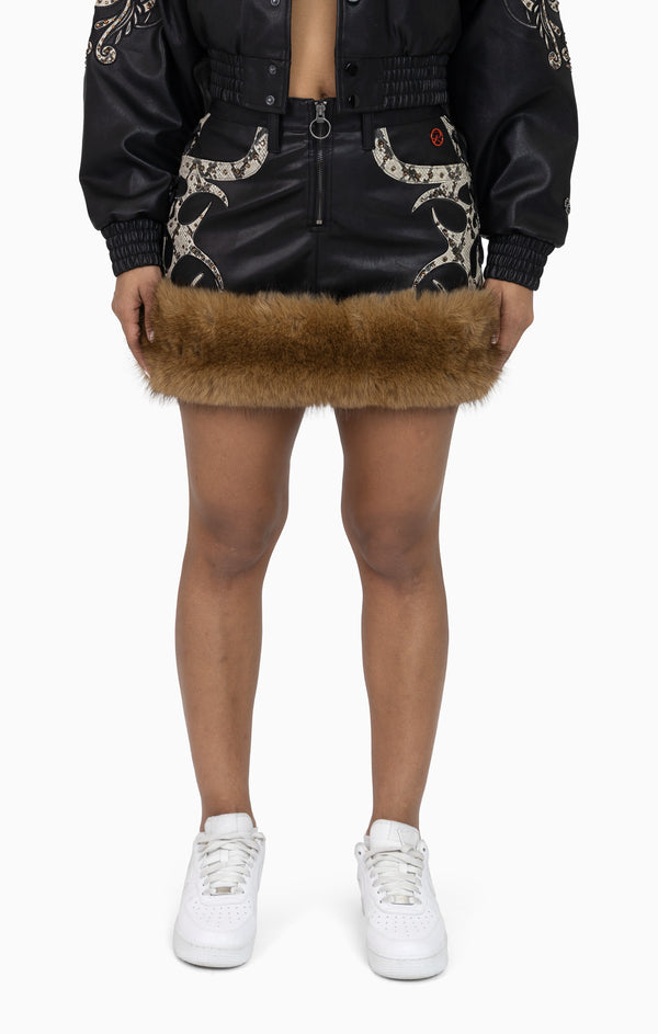 Faux Fur Rhinestone Mini Skirt - Black