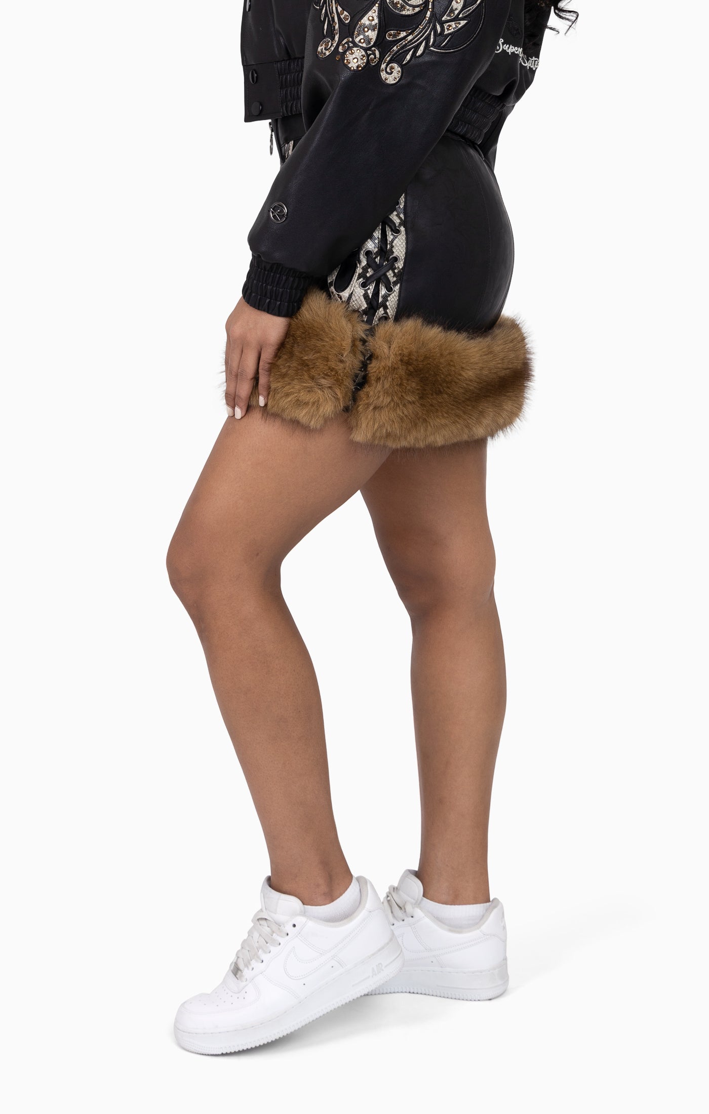 Faux Fur Rhinestone Mini Skirt - Black