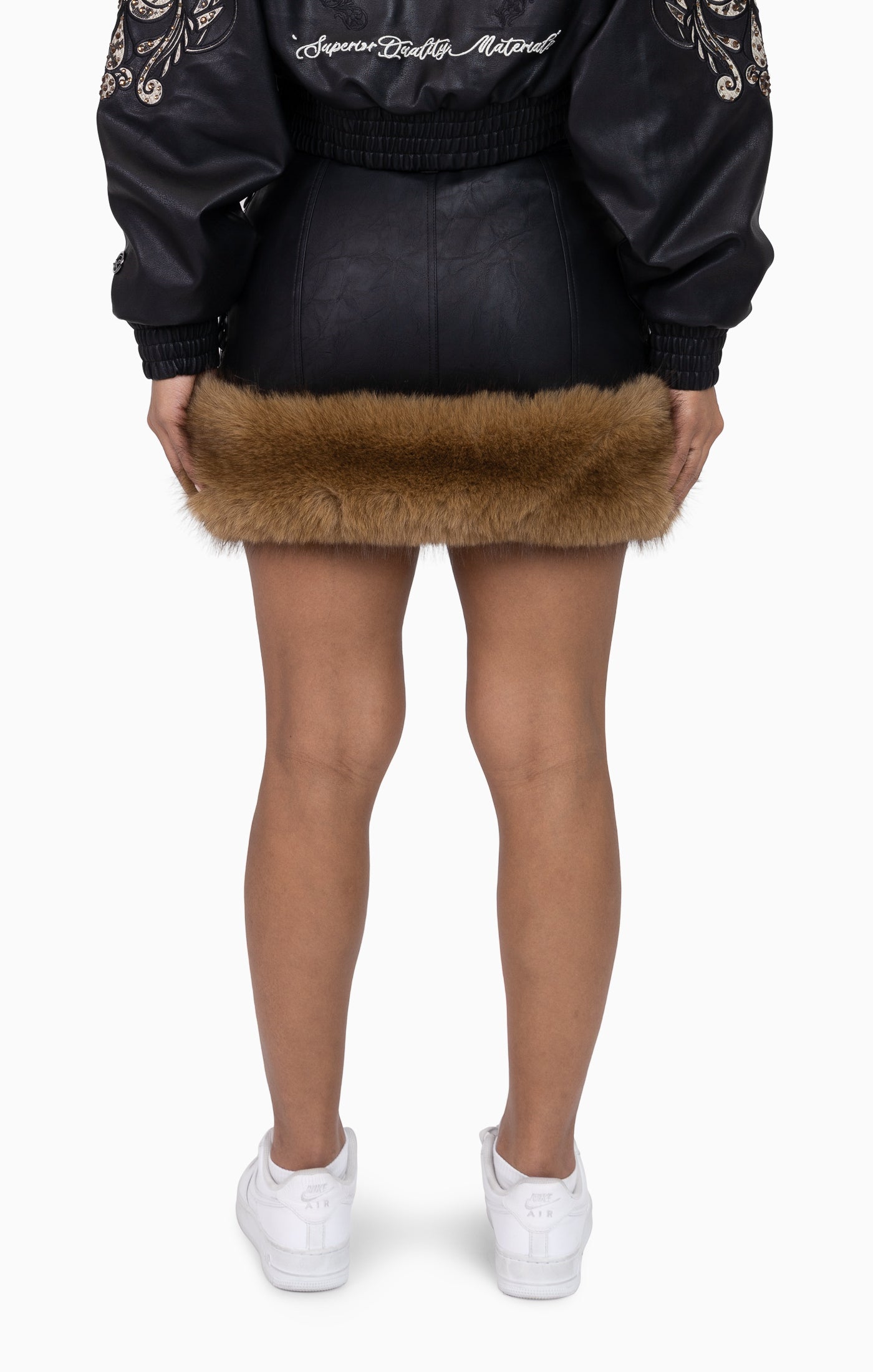 Faux Fur Rhinestone Mini Skirt - Black