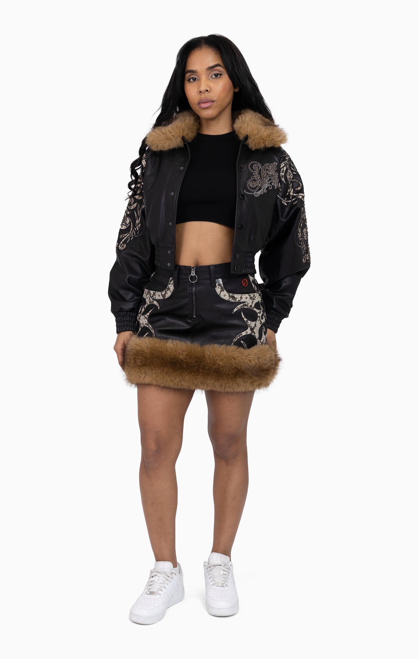 Faux Fur Rhinestone Mini Skirt - Black