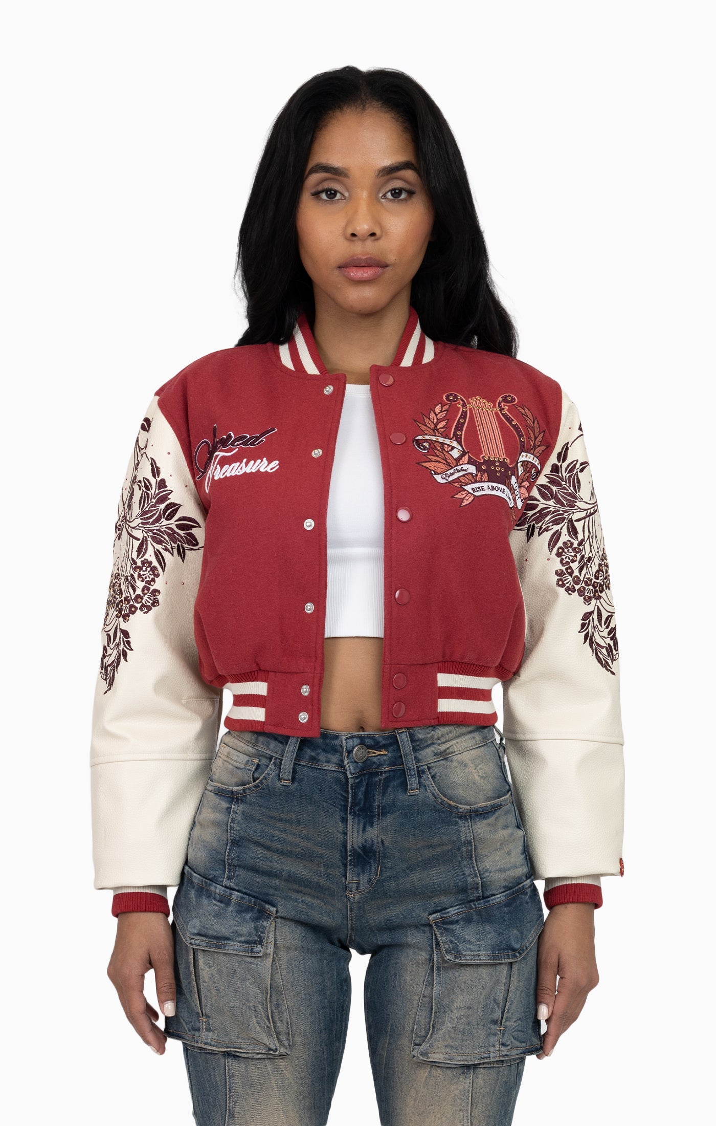 Embroidered Embellished Varsity Jacket - Earth Red
