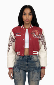 Embroidered Embellished Varsity Jacket - Earth Red