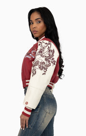 Embroidered Embellished Varsity Jacket - Earth Red