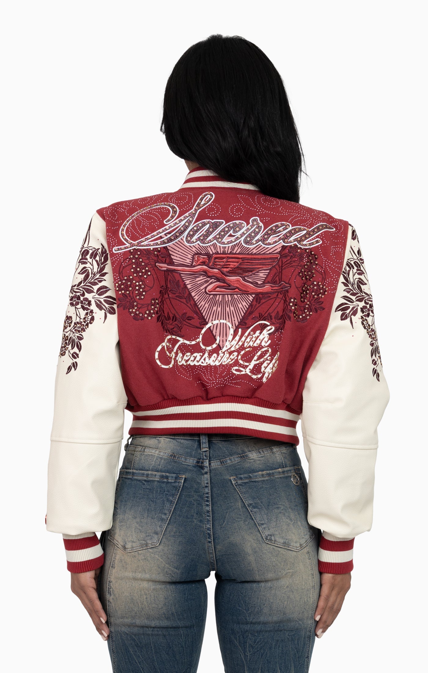 Embroidered Embellished Varsity Jacket - Earth Red