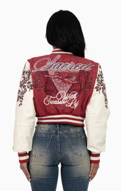 Embroidered Embellished Varsity Jacket - Earth Red