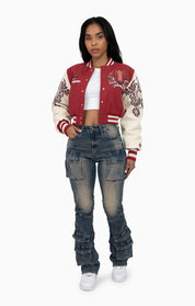 Embroidered Embellished Varsity Jacket - Earth Red