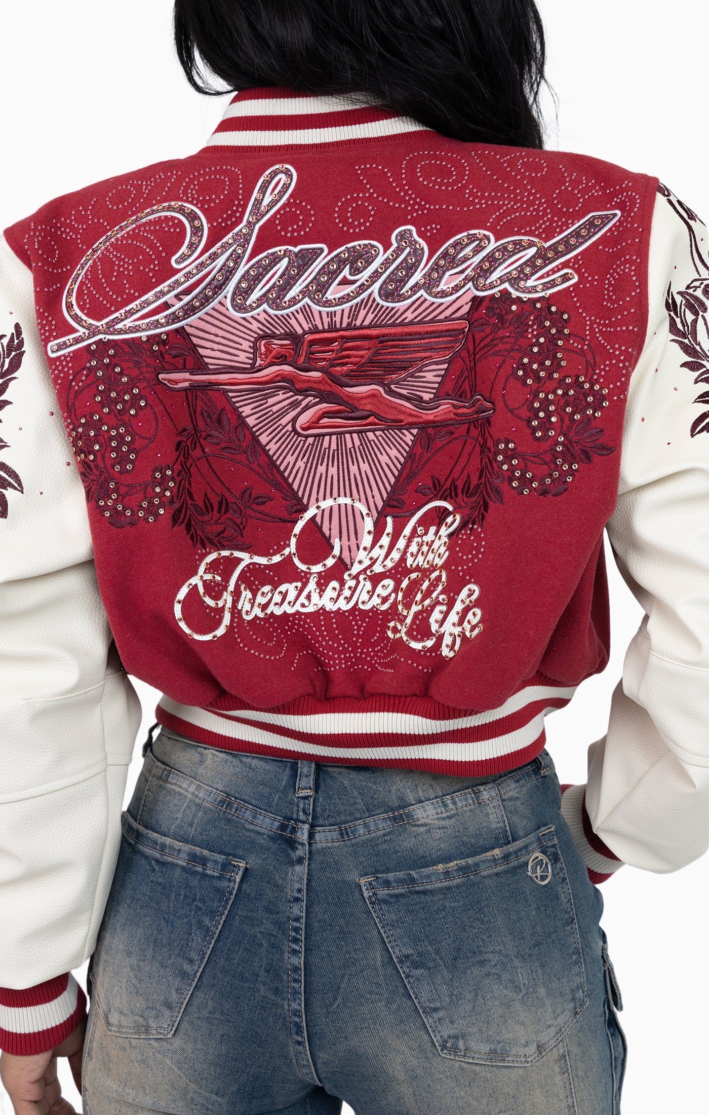 Embroidered Embellished Varsity Jacket - Earth Red